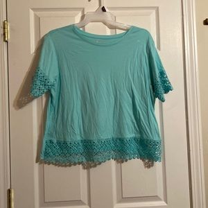 Blue crochet sleeves and trim blouse. Size XL.